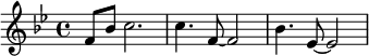  \relative { \key g \minor \time 4/4 f'8 bes8 c2. c4. f,8 ~ f2 bes4. es,8 ~ es2 } 