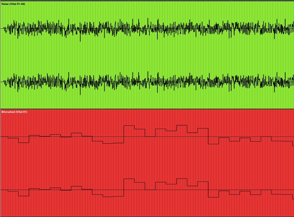 Oben reine Noise-Aufnahme aus Vital, darunter weitere Noise-Aufnahme mit eingerechnetem Bitcrusher