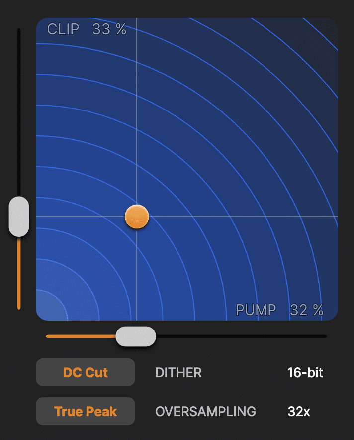 Das XY-Pad bildet das Herzstück der GUI. Die Linien werden mit zunehmender Verzerrung »zackiger« dargestellt. Das Pumpen wird durch einen höheren Abstand der Linien dargestellt.