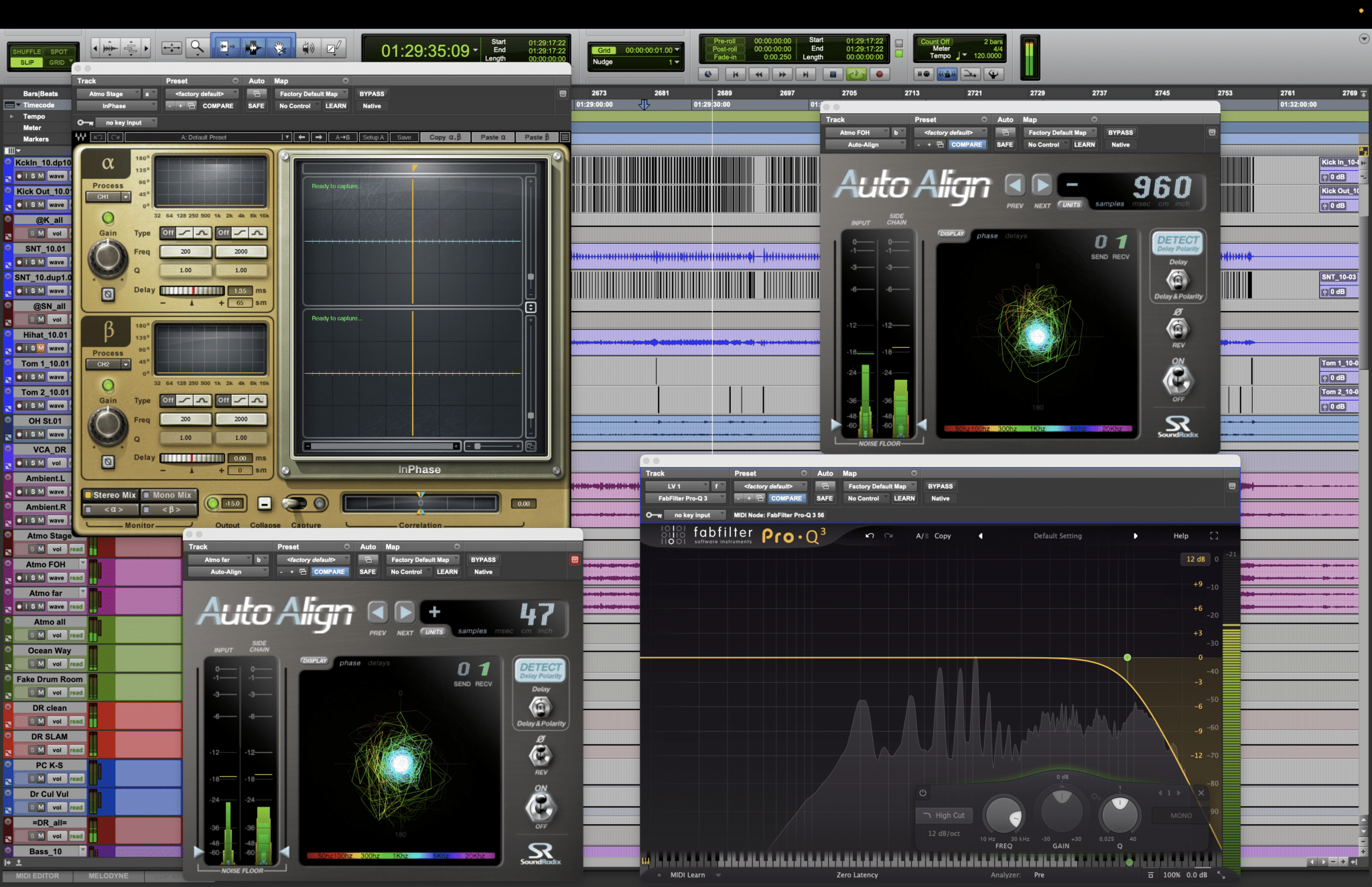 Die SoundRadix Auto Align und Waves InPhase wurden benutzt, um die Atmo-Spuren in der Phase auszugleichen. Der Hi-Cut auf dem Fabfilter Pro-Q3 wurde automatisiert, um das Übersprechen auf dem Gesang zu entschärfen.