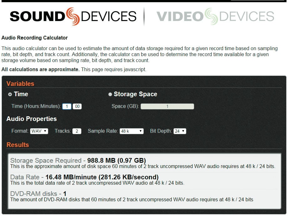 Praktischer Web-Service: Auf<br /><br /> der Homepage von Sounddevices<br /><br /> kann man die tech nischen Anforderungen<br /><br /> eines Live-Recordings<br /><br /> kalkulieren lassen.