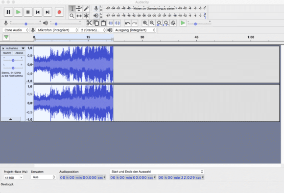 Geschnittene Audiospur in Audacity